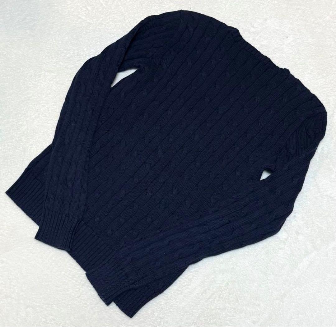 ❤️ラルフローレン大人気クルーネックケーブルニットセーター現行品ネイビー×レッドM