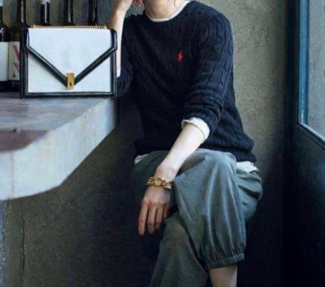 ❤️ラルフローレン大人気クルーネックケーブルニットセーター現行品ネイビー×レッドM