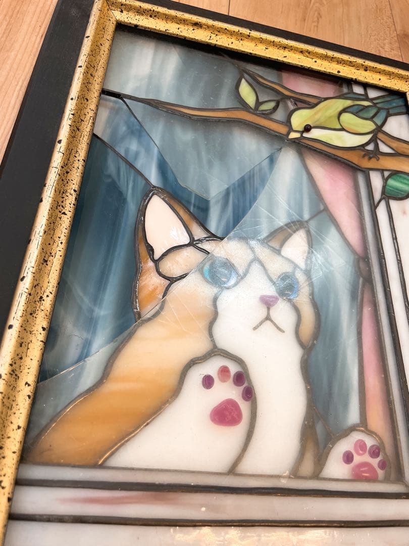 Toto garden 剱持敬子さん作　猫のステンドグラス　額付　（破損あり）