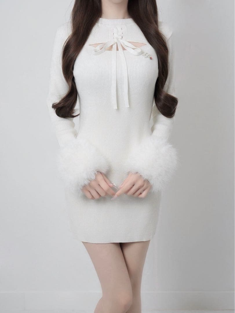 ワンピース lumignon Fur cuff ribbon knit onepiece