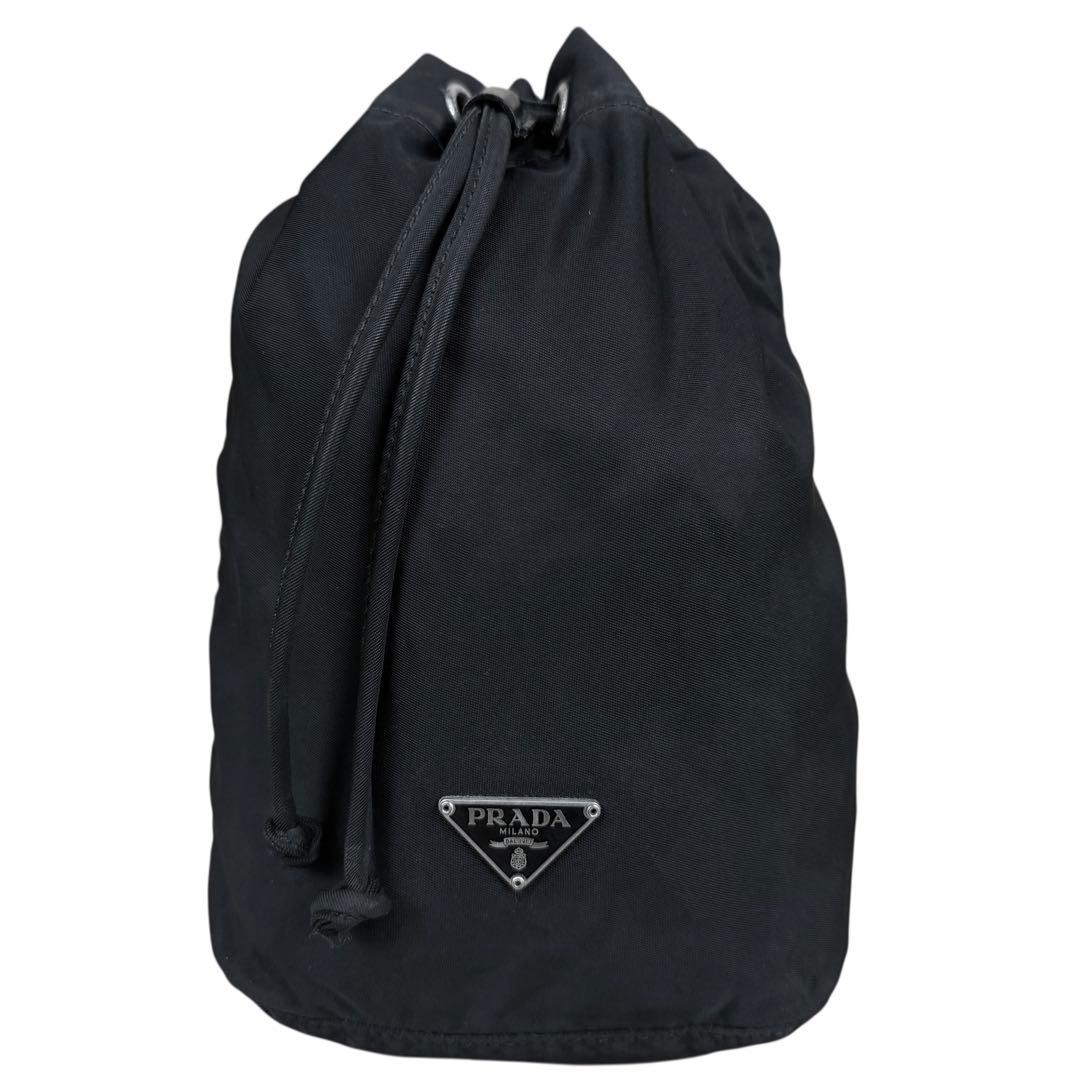 PRADA プラダ 三角ロゴ 巾着ポーチ バニティ バッグ ナイロン 黒 白タグ
