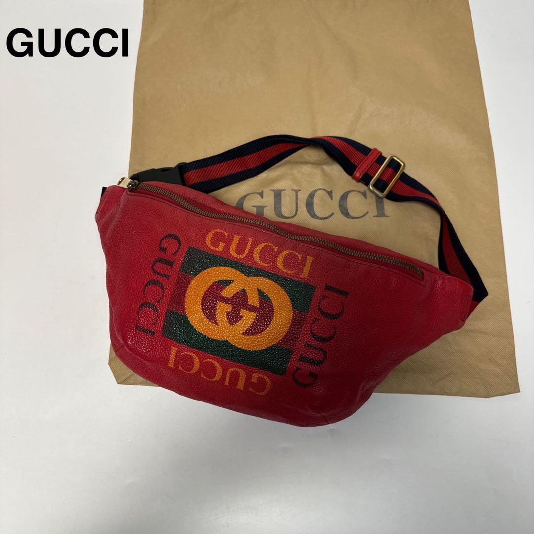 p97【美品】グッチ　レザー　ロゴプリント　シェリーライン　ウエストバッグ