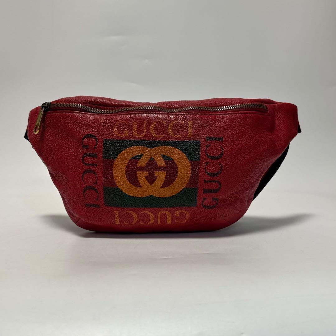 p97【美品】グッチ　レザー　ロゴプリント　シェリーライン　ウエストバッグ
