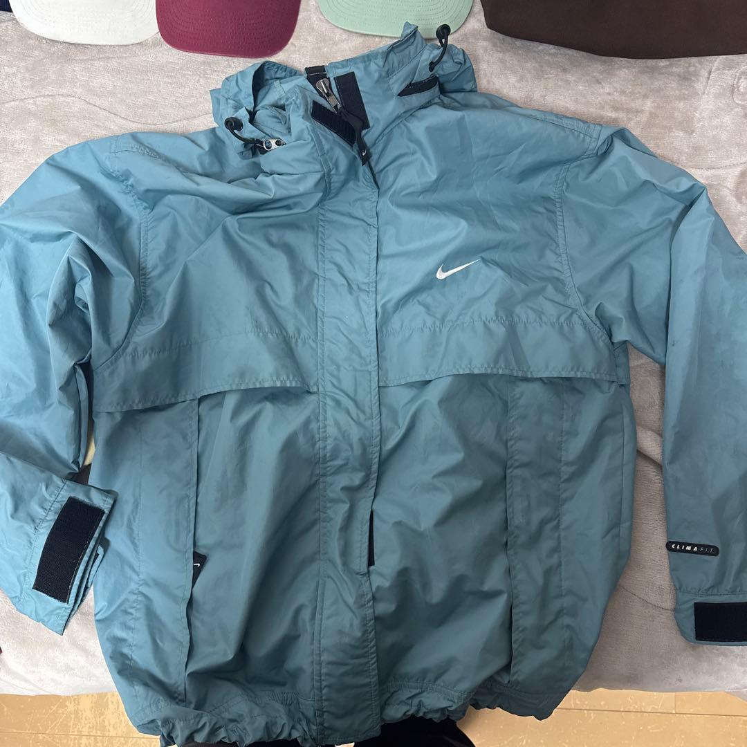 90s Nike ナイロンジャケット 青緑 フード付き