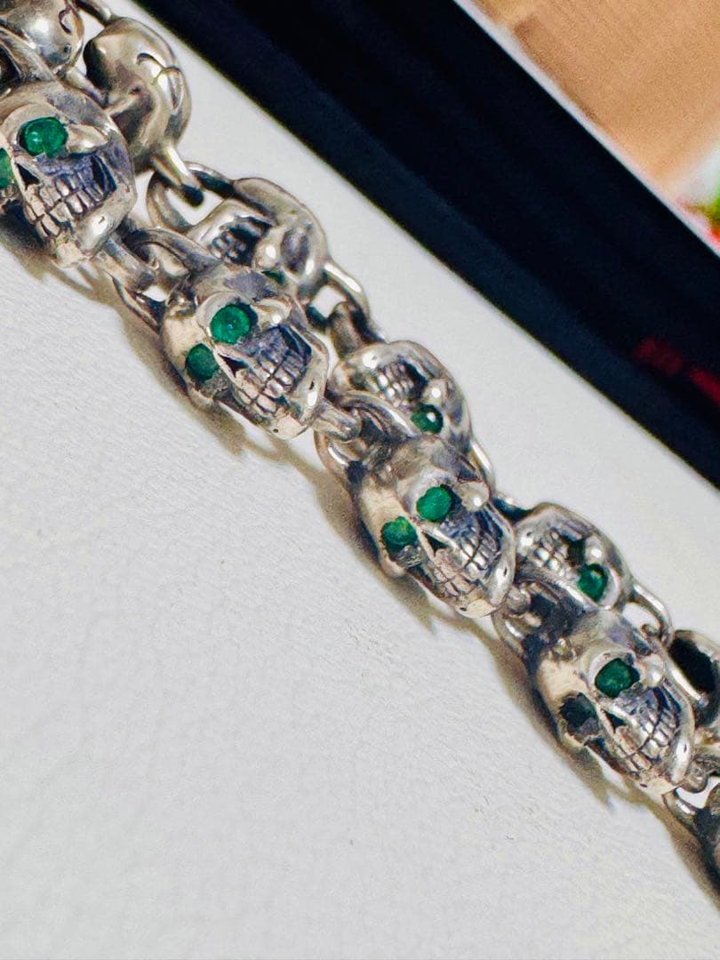 38万円購入　天然エメラルド　ロックンライド　スカルブレスレット　シルバー925