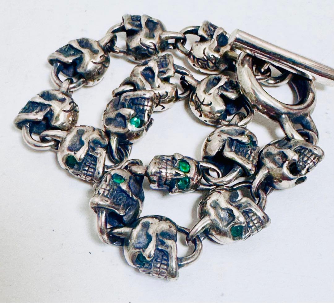 38万円購入　天然エメラルド　ロックンライド　スカルブレスレット　シルバー925