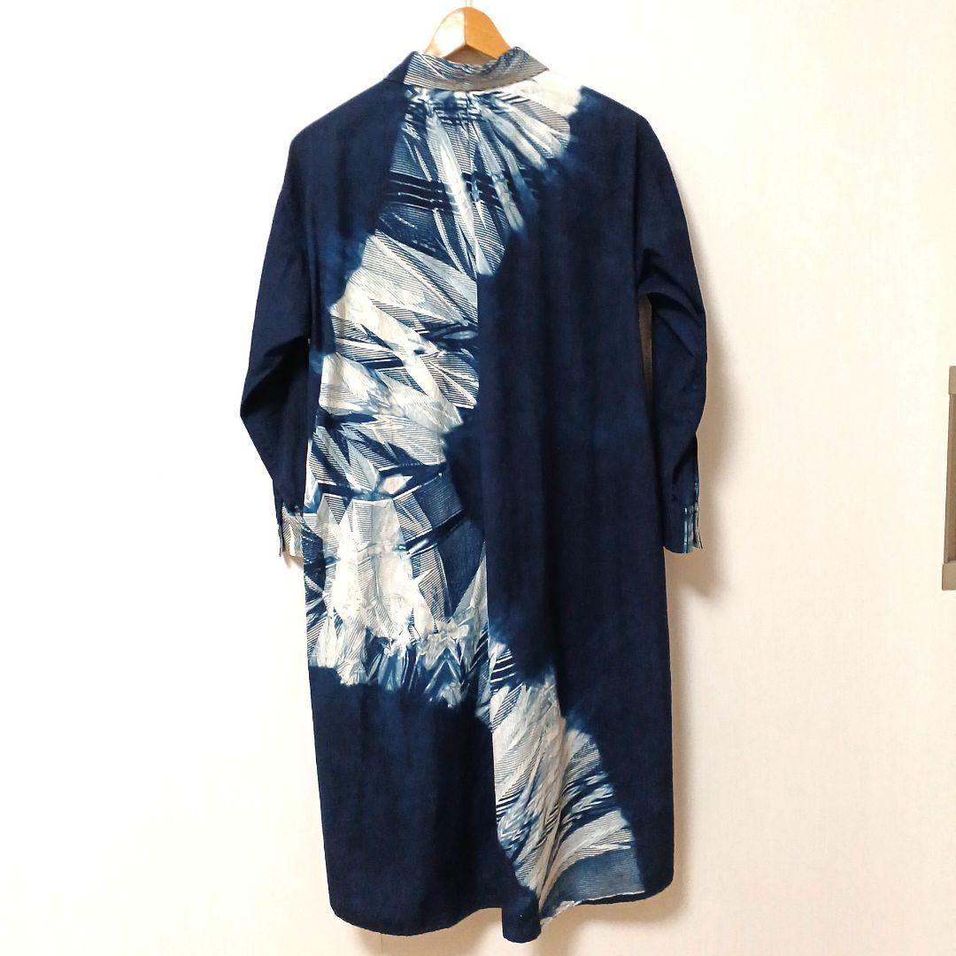 壺草苑　藍染め　ロングシャツブラウス　シャツワンピース