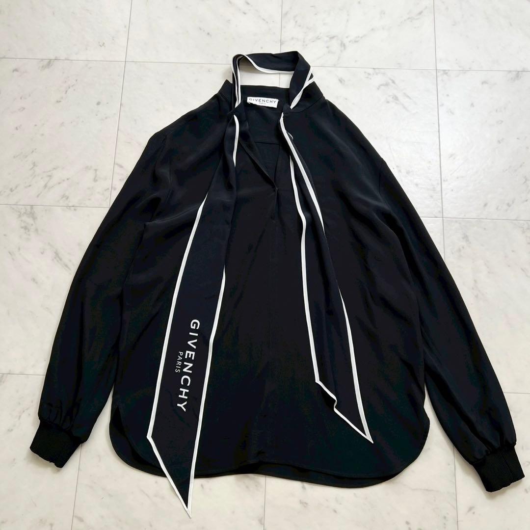 GIVENCHY 近年タグ シルク ロゴボウタイブラウス 2way ブラック