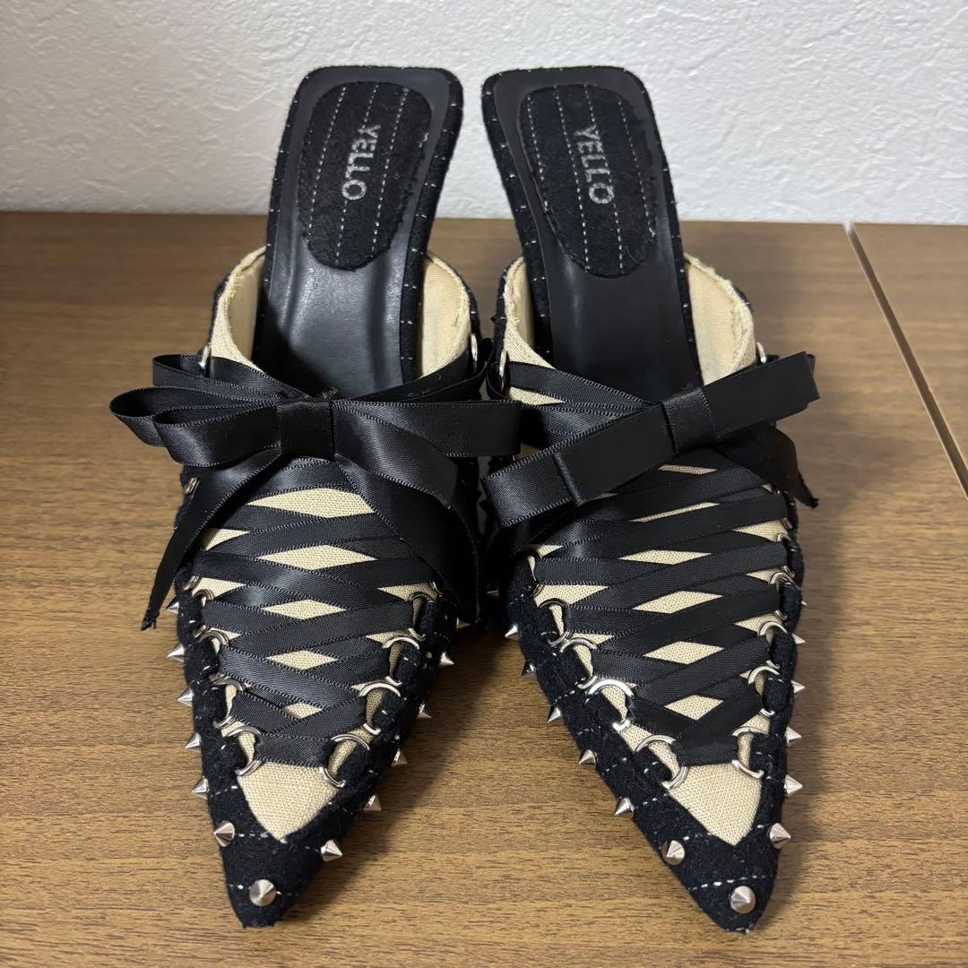 YELLO イエロ リボン ミュール サンダル ハイヒール スタッズ ブラック