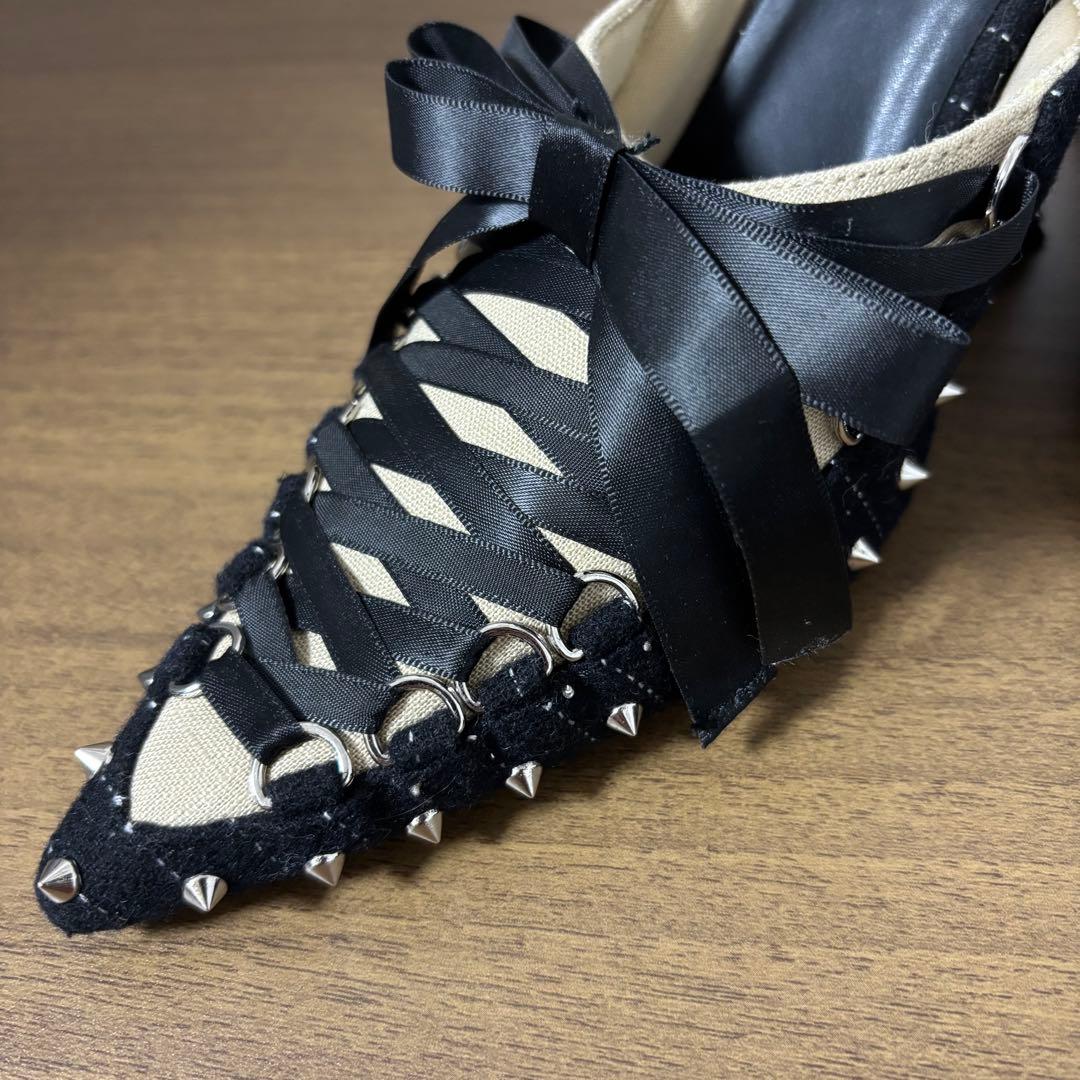 YELLO イエロ リボン ミュール サンダル ハイヒール スタッズ ブラック