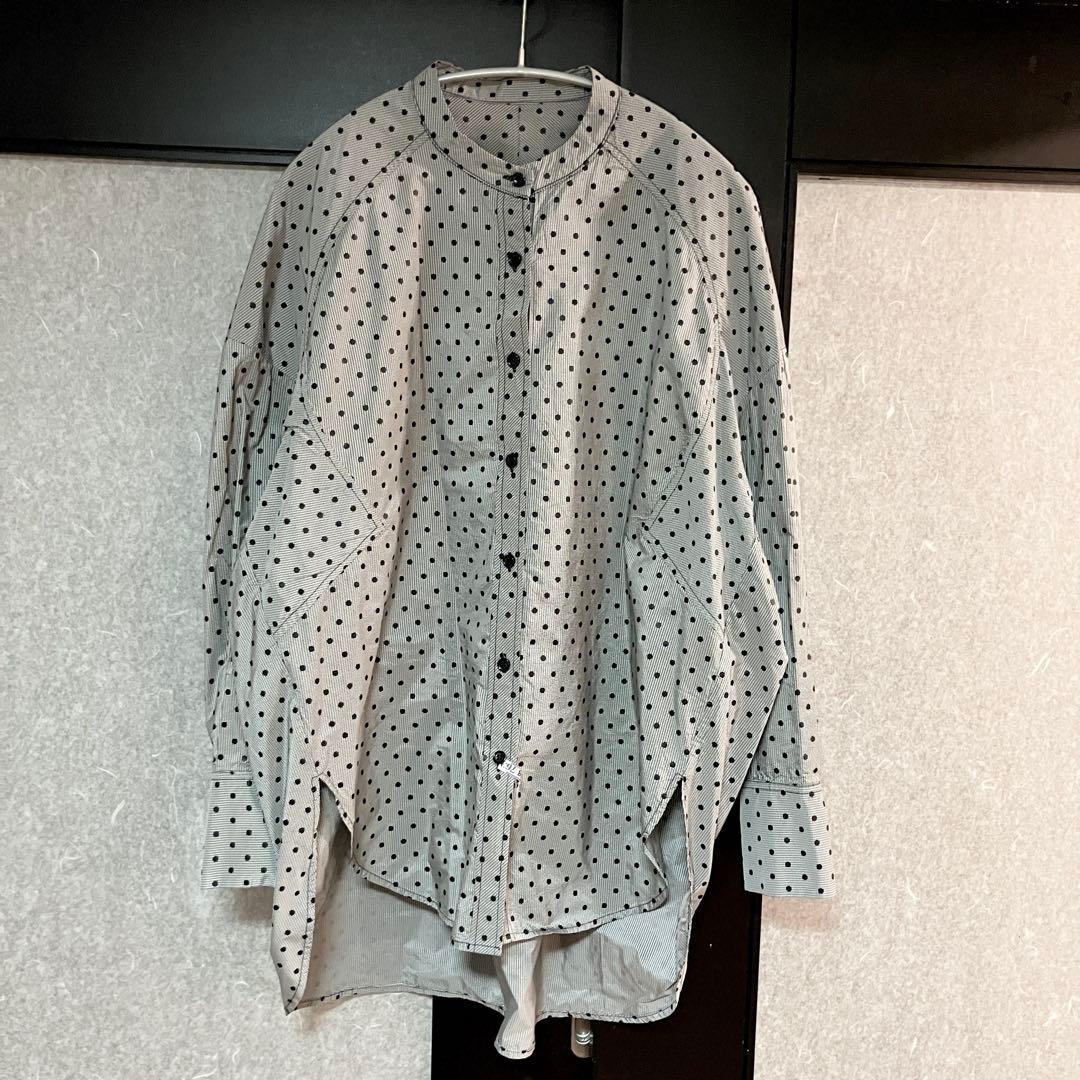 【美品】マチャットドットスタンドカラーシャツグレーブラウスオーバーサイズ