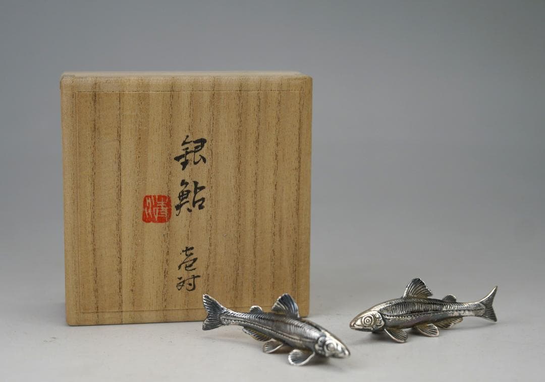 希少品！京都　清課堂　銀製　銀鮎　壱対　裏に刻印【梅】＆【銀製】有　共箱　茶道具