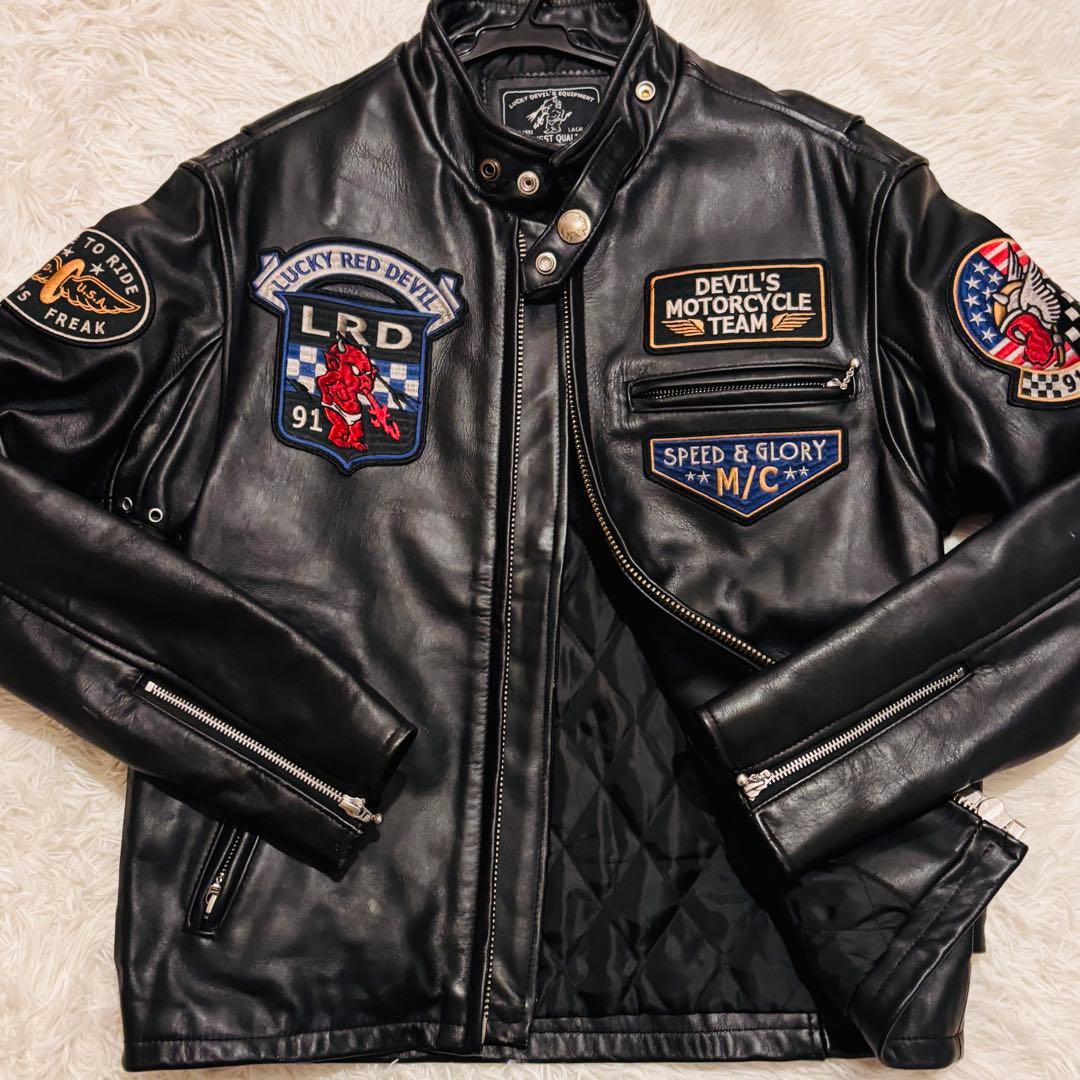 極美品✨TEDラッキーデビル　レザージャケット40 ロゴ刺繍　ブラック