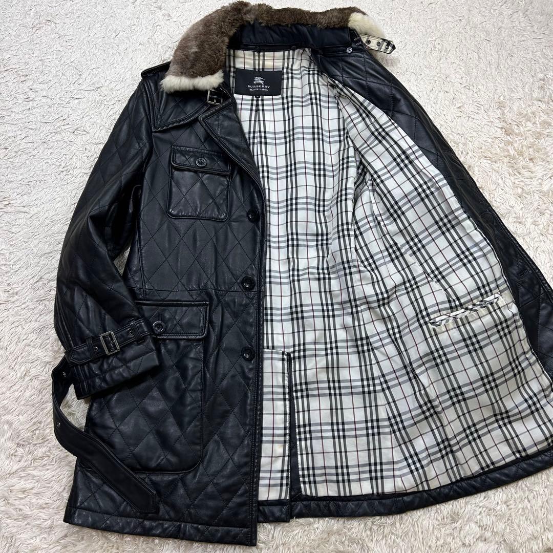 バーバリー ラムレザートレンチコート 黒 Mサイズ ラビットファー キルティング