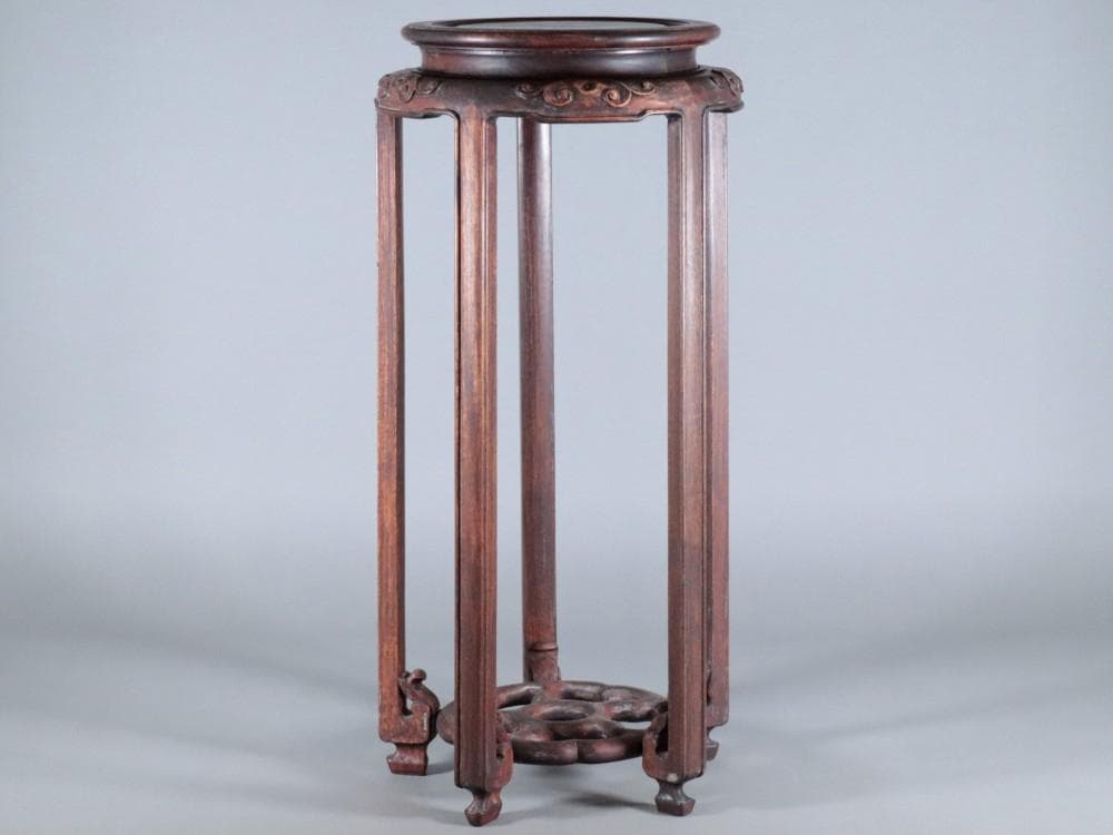 【木】　★ 家具 黄花梨減地彫如意雲圓幾 ★　清朝期　天然木 彫刻文様　明清家具