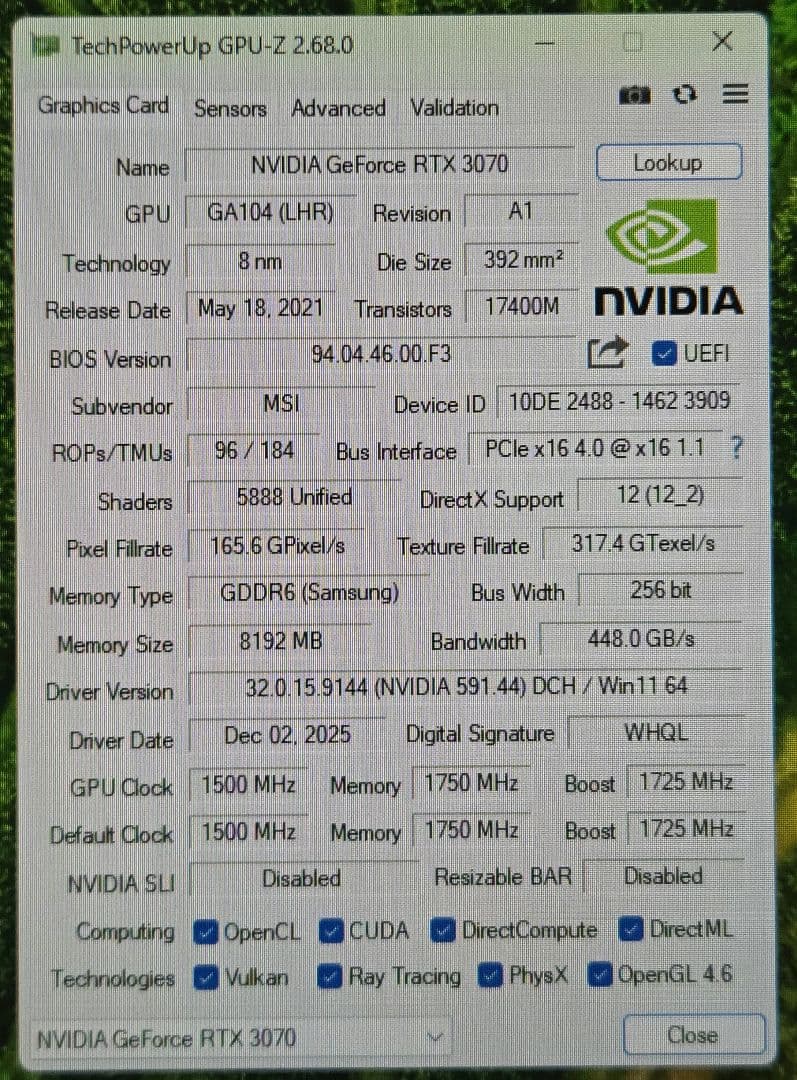 グラフィックボード・グラボ・ビデオカード msi RTX3070 VENTUS