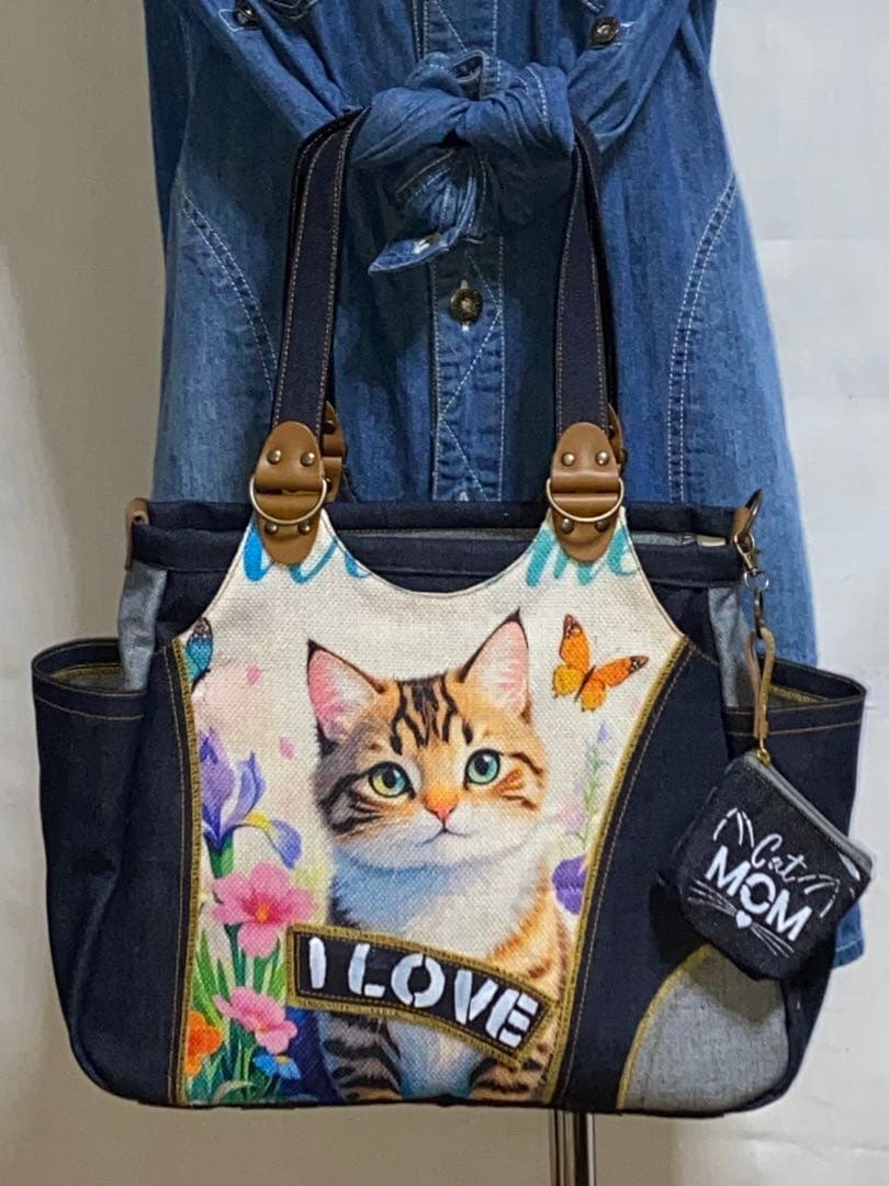 岡山デニム☆ステンシル☆トラネコ☆リュック対応☆4wayあおりバッグ