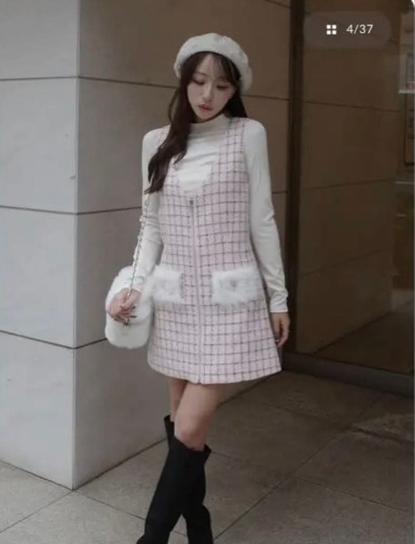 ダーリッチ フロントファスナーツイードミニワンピース ピンク　フリーsize