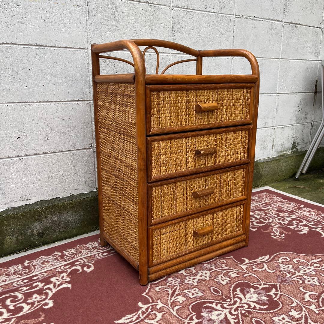 古家具◾️ナチュラル天然素材 4杯 籐ラタンチェスト/ 整理棚