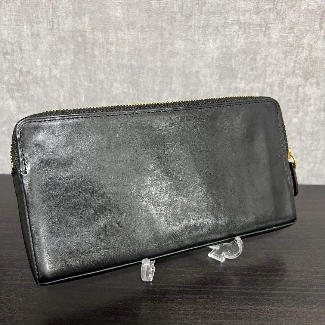 GANZO ミネルバナチュラル ブラックレザー ラウンドジップ 長財布