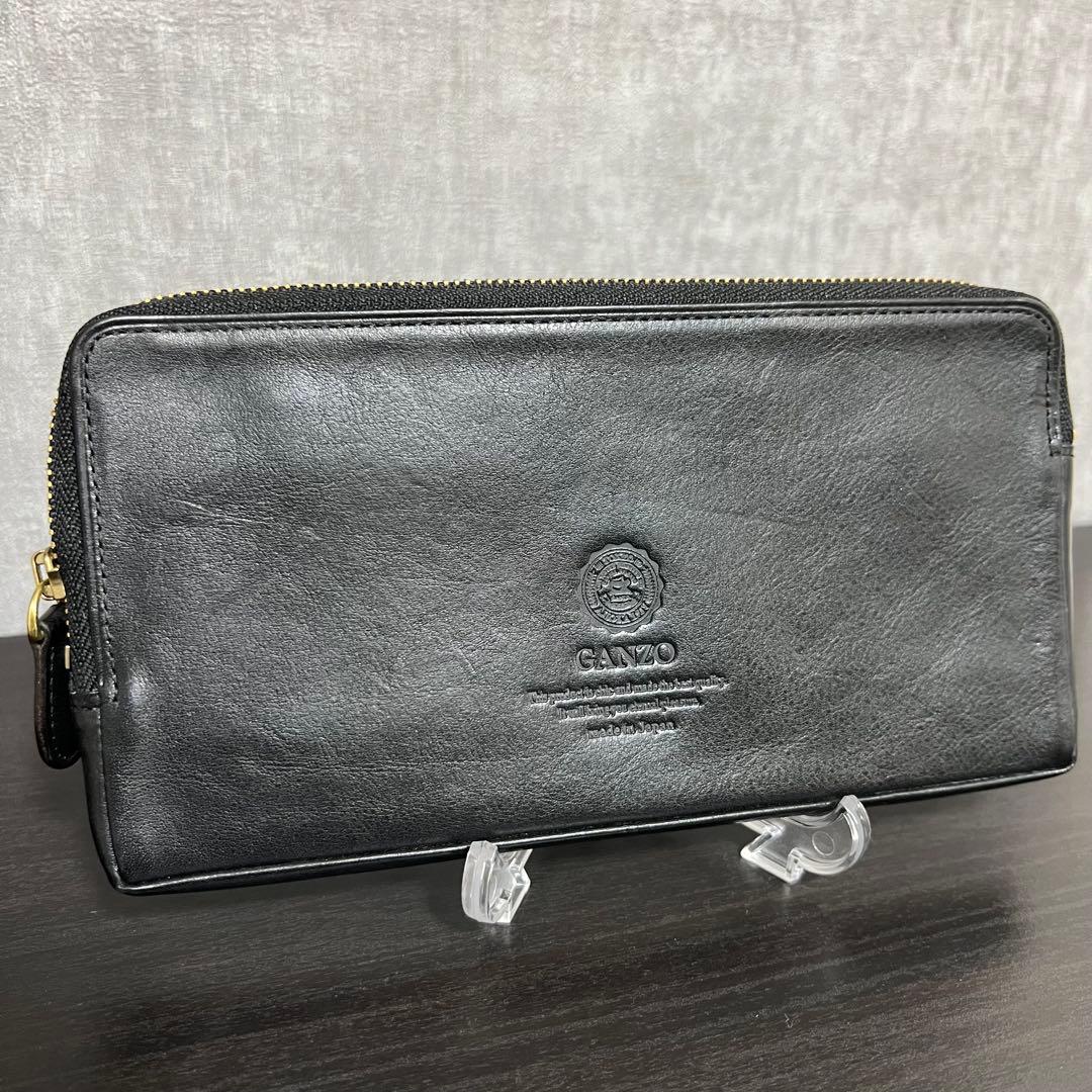 GANZO ミネルバナチュラル ブラックレザー ラウンドジップ 長財布