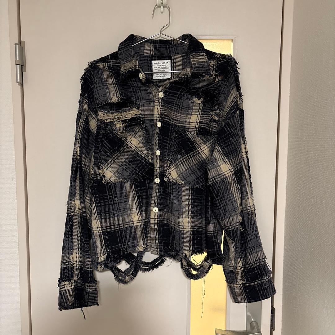 DankeSchon(ダンケシェーン) ダメージ短丈スタッズチェックネルシャツ