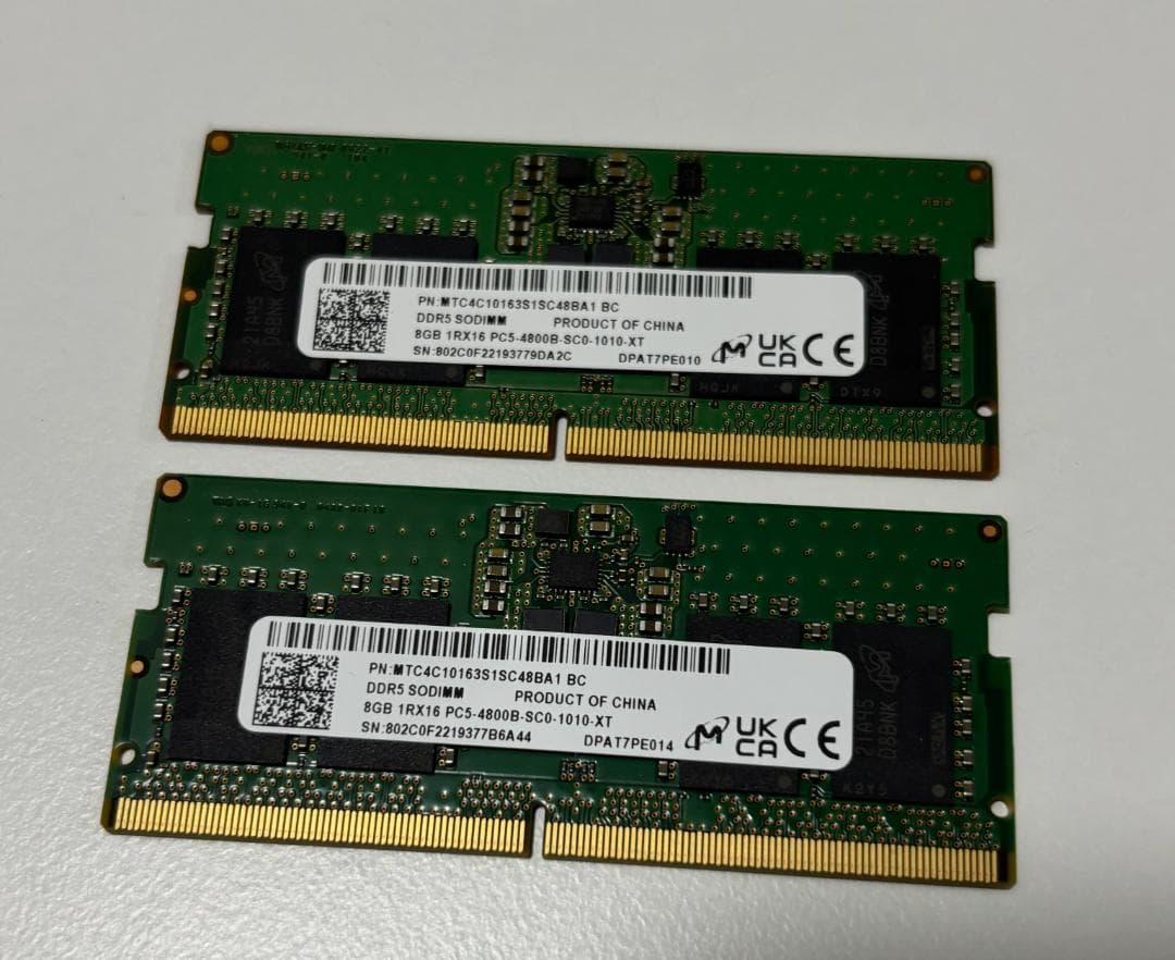 Micron製 DDR5-4800 (8GB×2枚)ノートPC用メモリ動作確認済