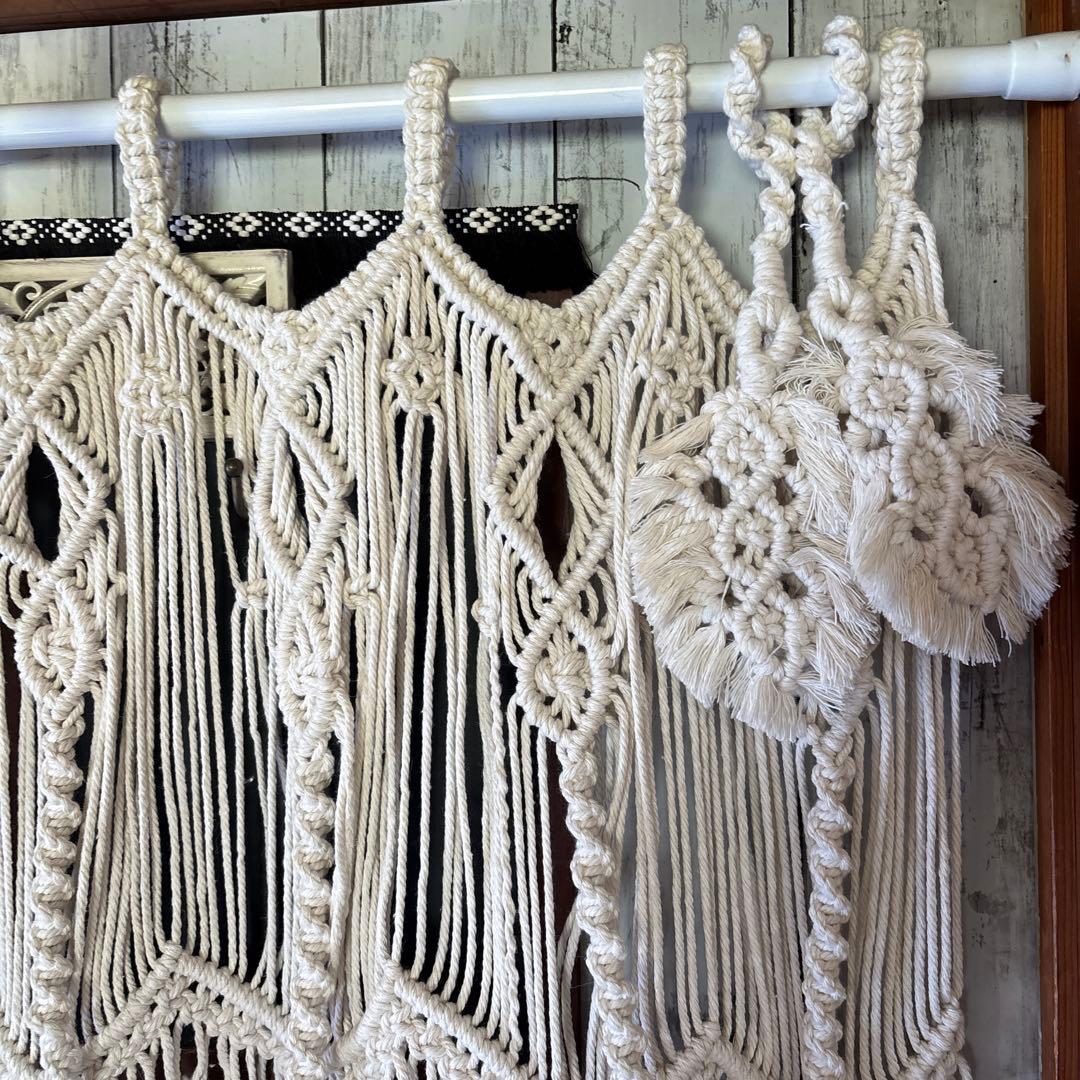 マクラメ　カフェカーテン　フェザータッセル２個付き