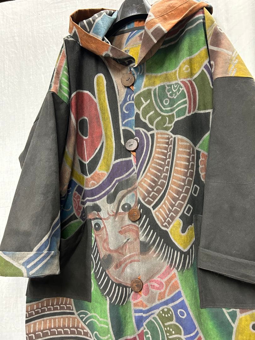 墨染め　幟旗　武者+虎　フード付きロングコート　男女兼用　単