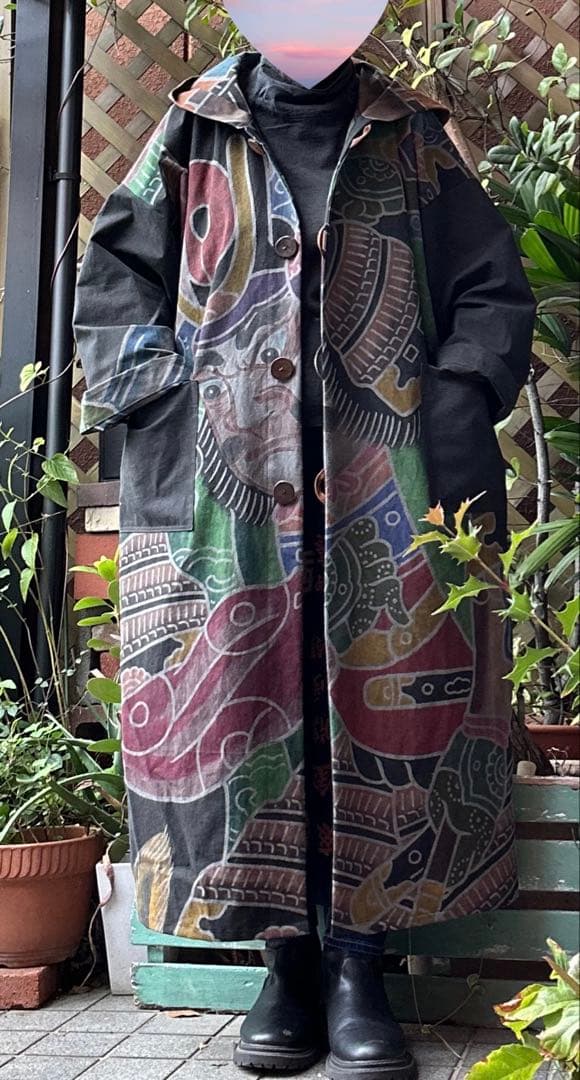 墨染め　幟旗　武者+虎　フード付きロングコート　男女兼用　単