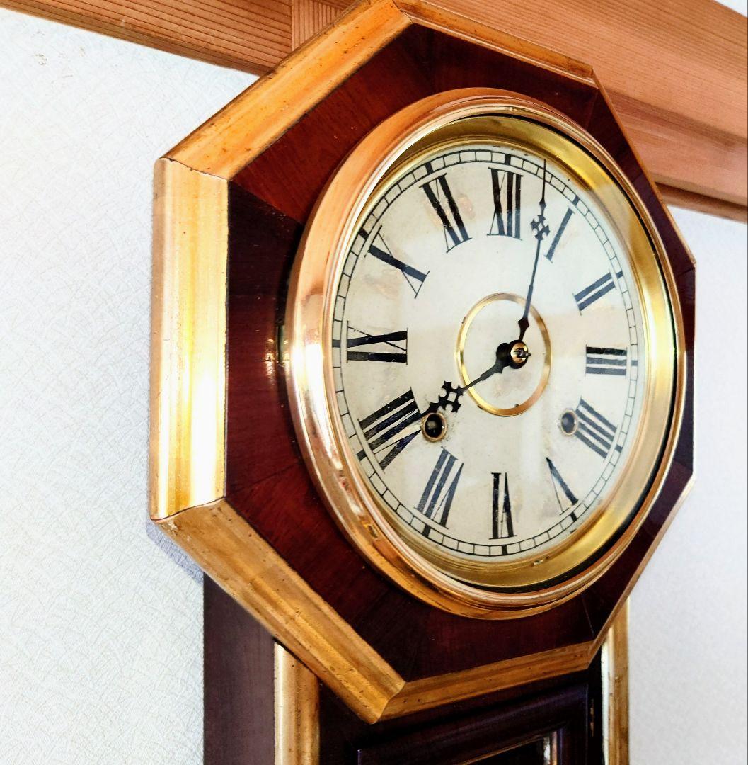 〈OH済完動・極上品〉米国Ｅ．N.WELCH　 金縁八角合長ゼンマイ振り子時計
