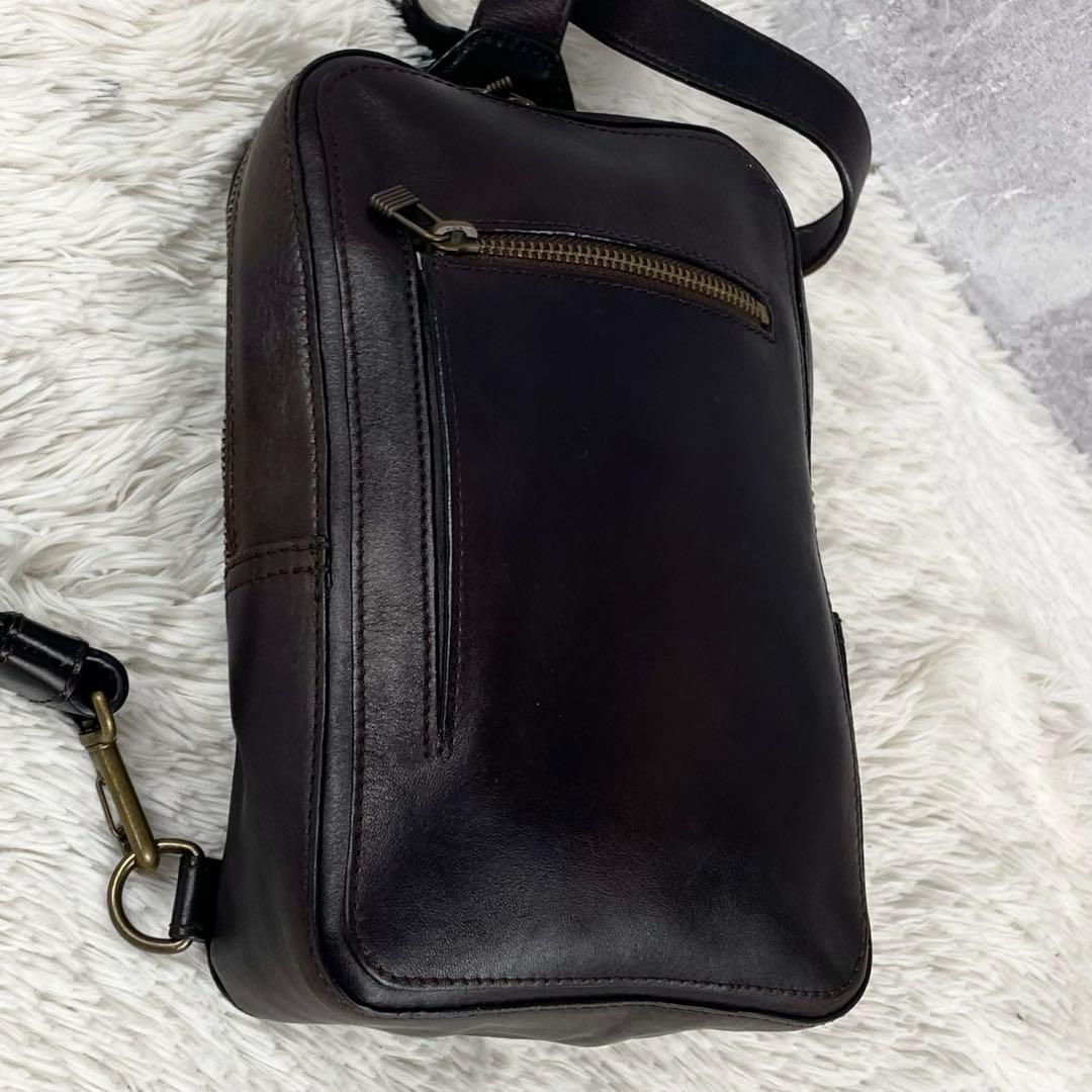 美品 マザーハウス レザー ウエストバッグ ロゴ型押し ファスナー ブラウン