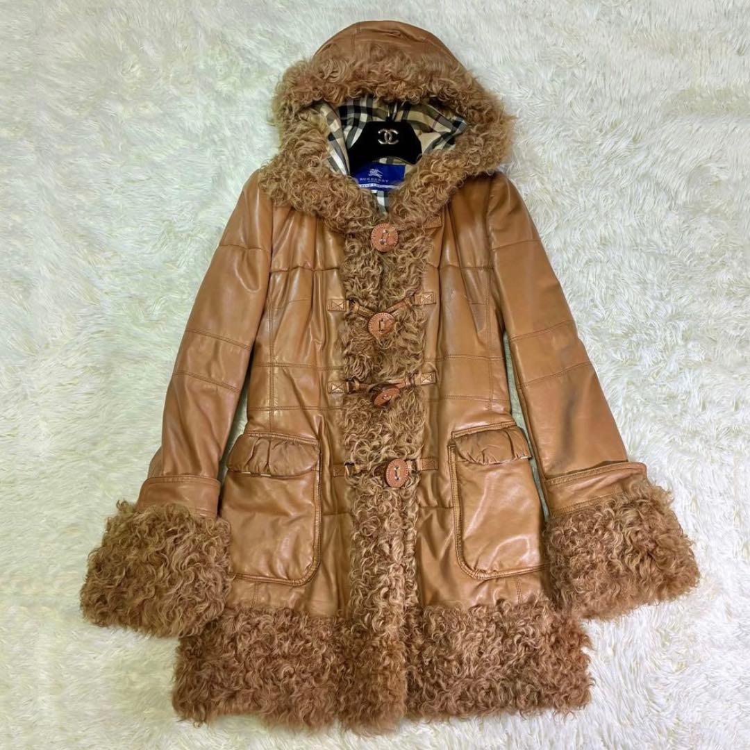 バーバリーブルーレーベル ダッフルコート　羊革　ラム　ノバチェック 中綿　38