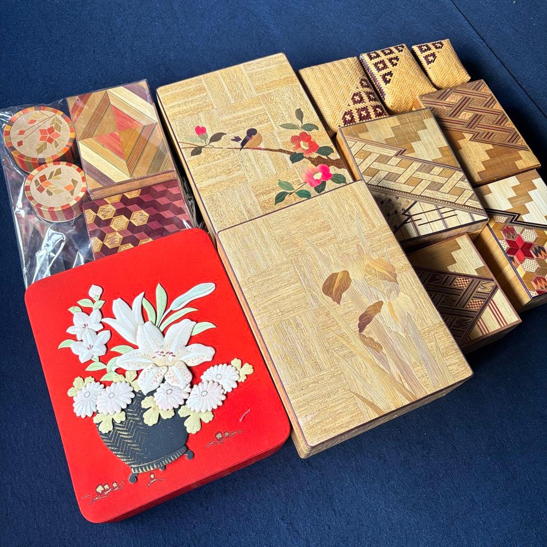 工芸品木製箱・花柄和小物入れサイズいろいろセット②