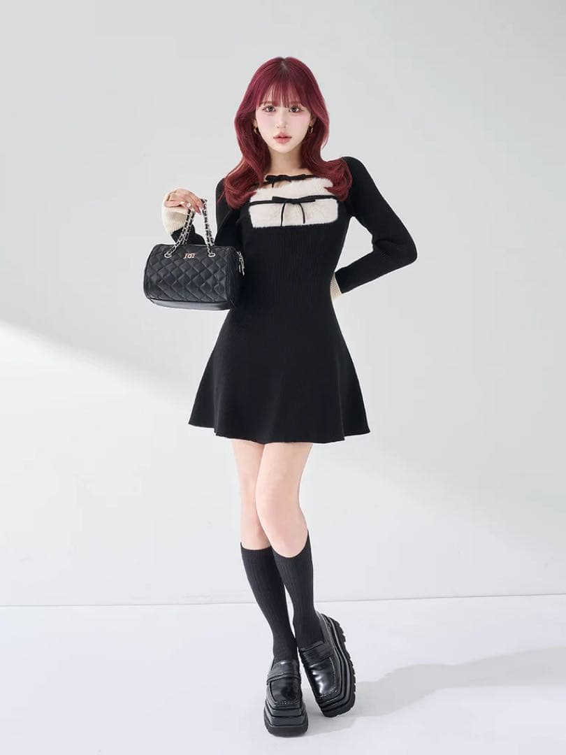 新品タグ付 ダーリッチ リボンファーフレアニットミニワンピース ブラック FL