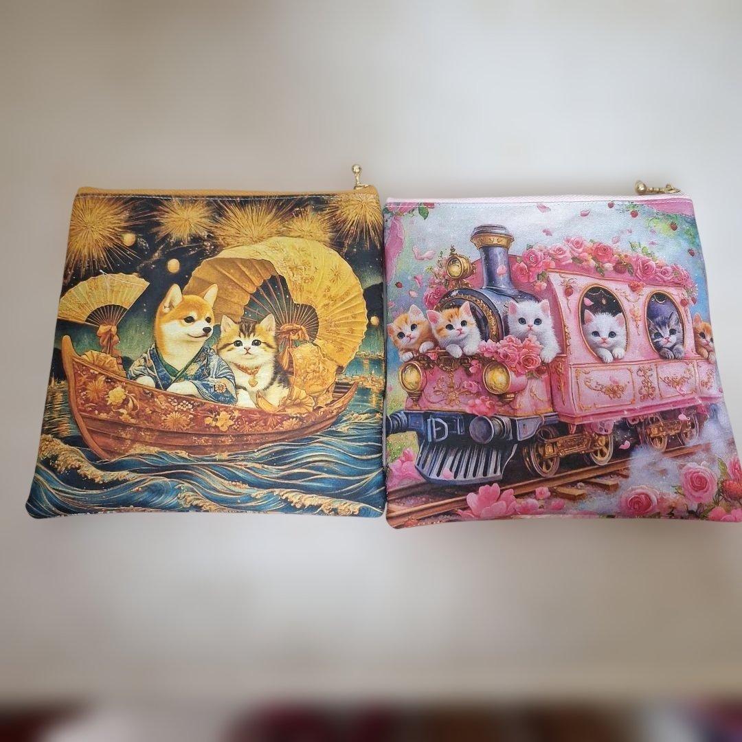 激レアねことうさぎパネル生地　ハンドメイド　ミニバック　フラットポーチ