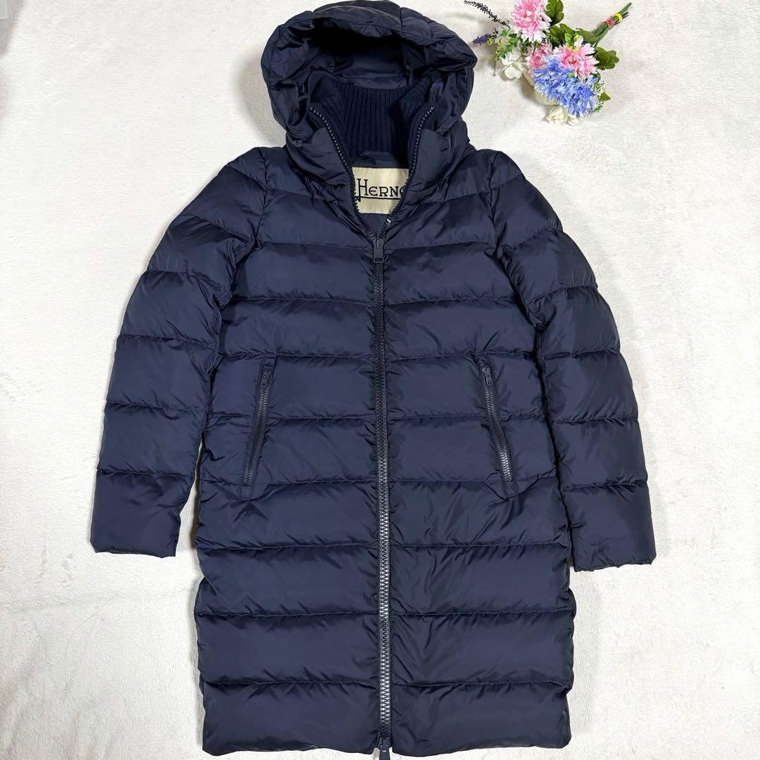 美品★HERNO★ヘルノ ロングダウンコート　ポーラテック リブ切替 紺 40