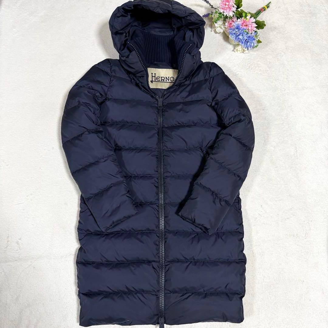 美品★HERNO★ヘルノ ロングダウンコート　ポーラテック リブ切替 紺 40