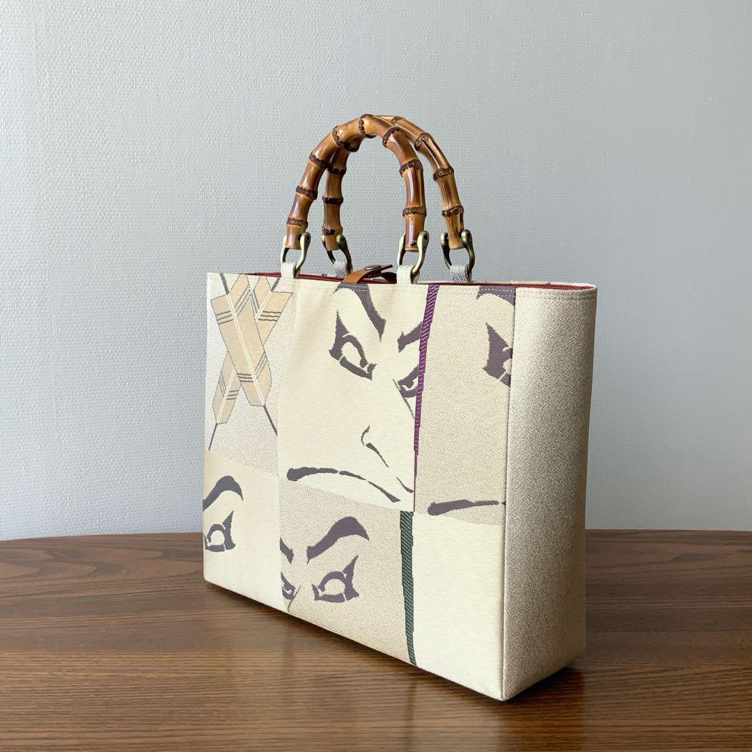 男前な歌舞伎柄の帯　リメイク　バンブーハンドルバッグ　通しマチタイプ