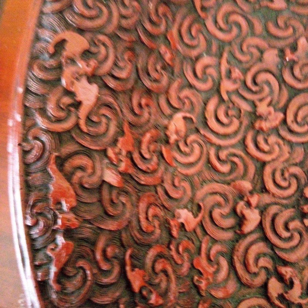 中国古玩　大清乾隆年製　堆朱　菓子鉢　唐草蝙蝠模様