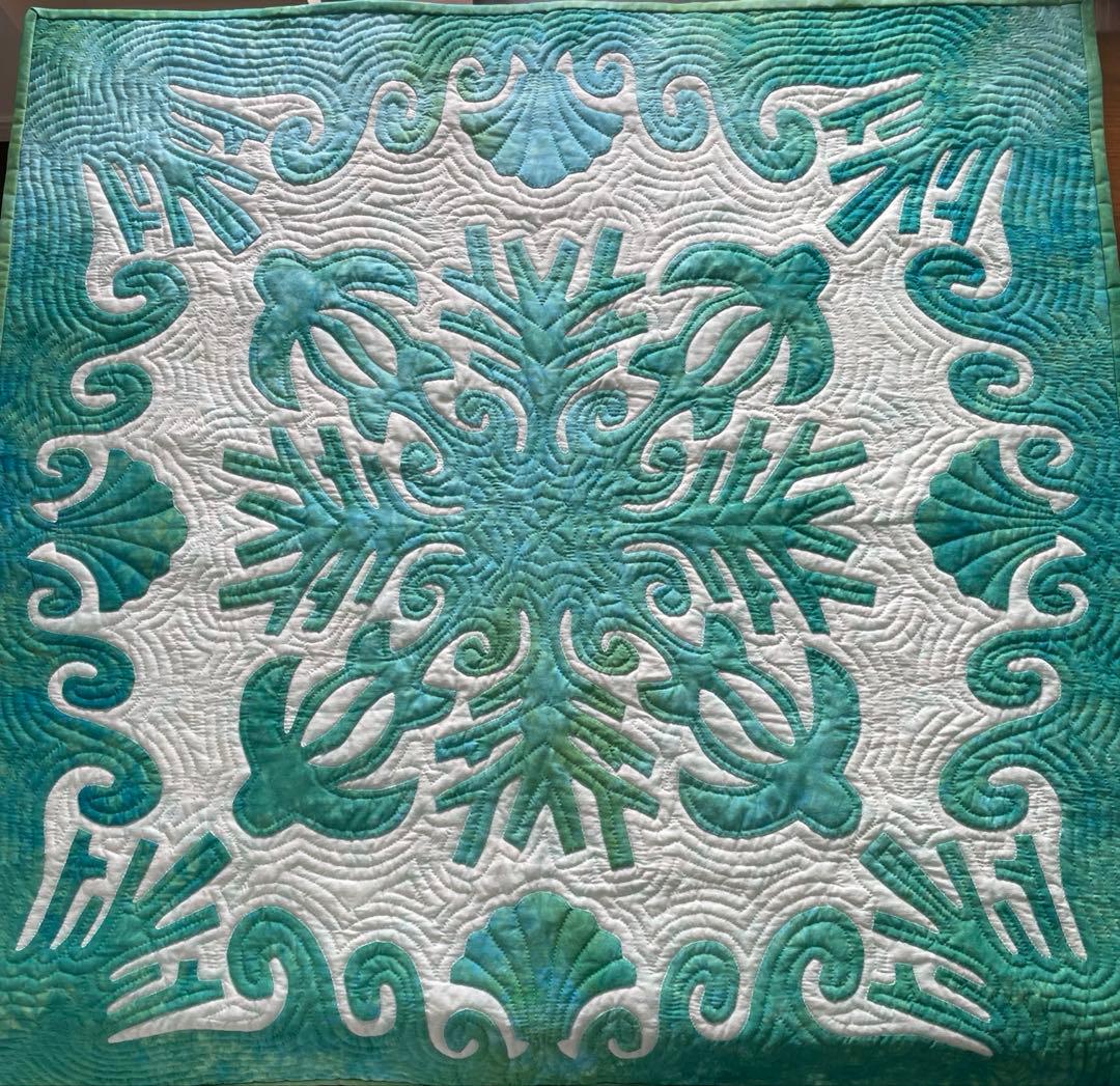 ハワイアンキルト タペストリー むらぞめエメラルドグリーン白柄