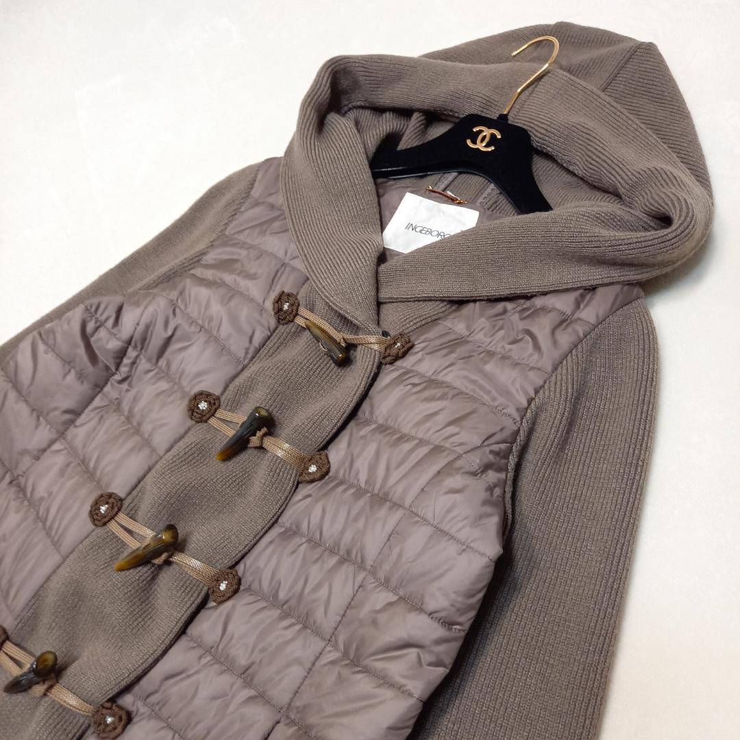 近年✨インゲボルグ 異素材切替 中綿ダッフルコート フード付き カーキブラウン