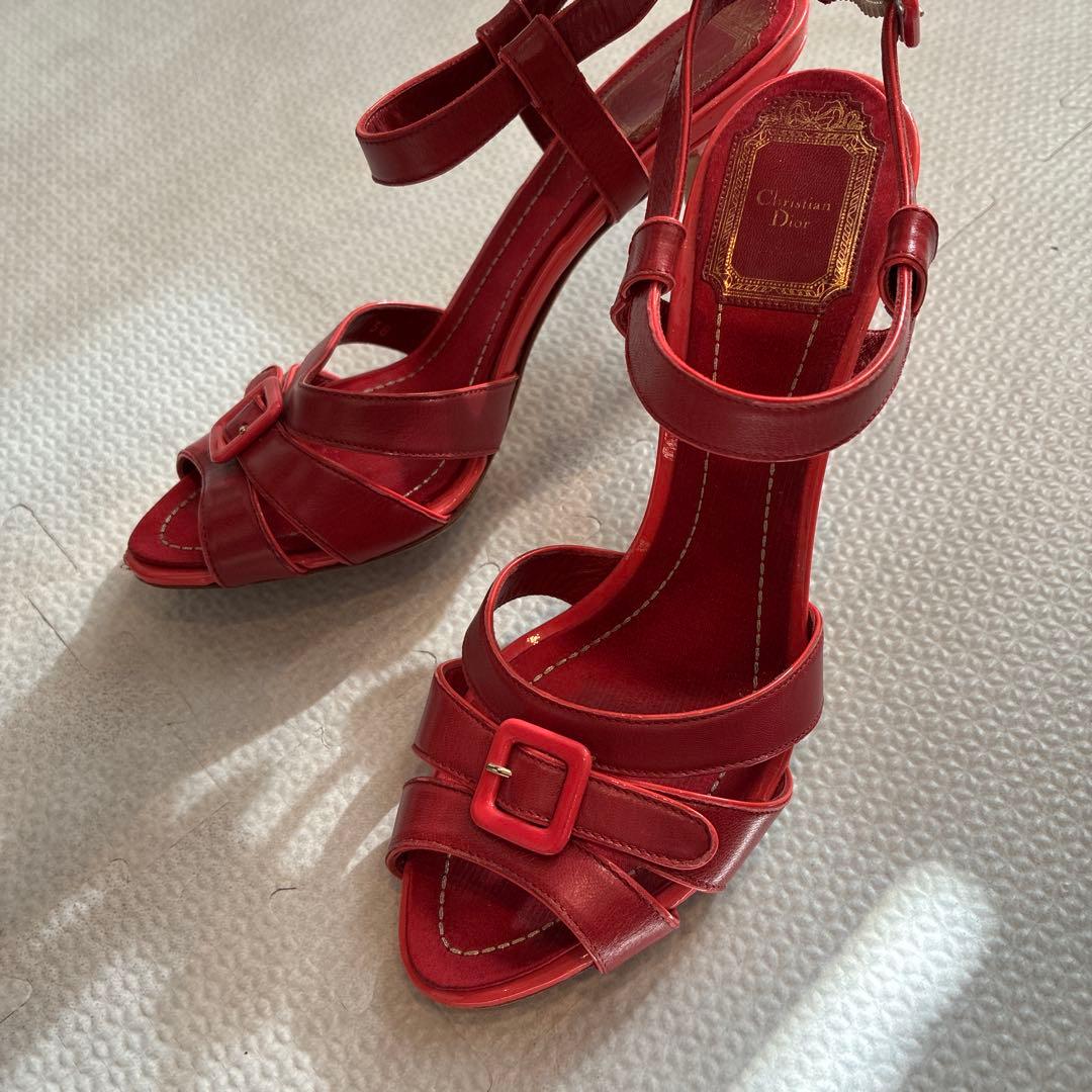 美品　Christian Dior レッド ストラップサンダル