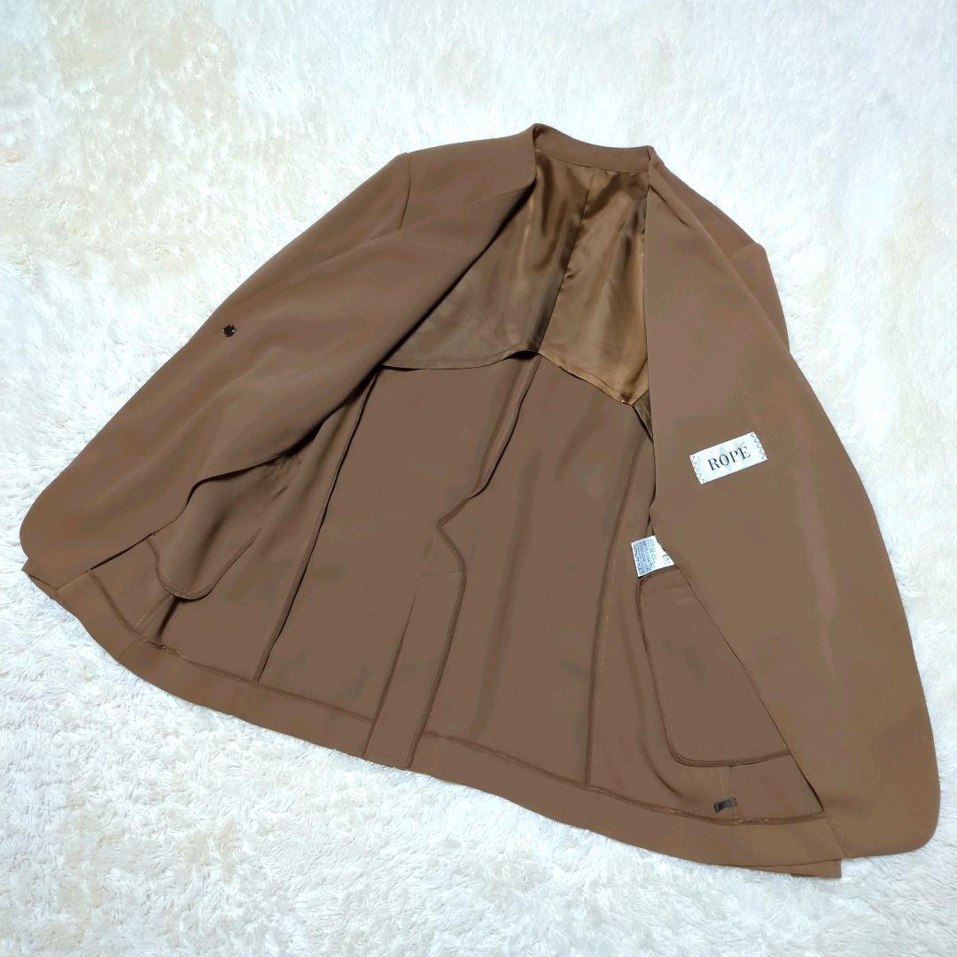 極美品！ROPE　ノーカラーパンツスーツセットアップ　M　ブラウン　ストレッチ