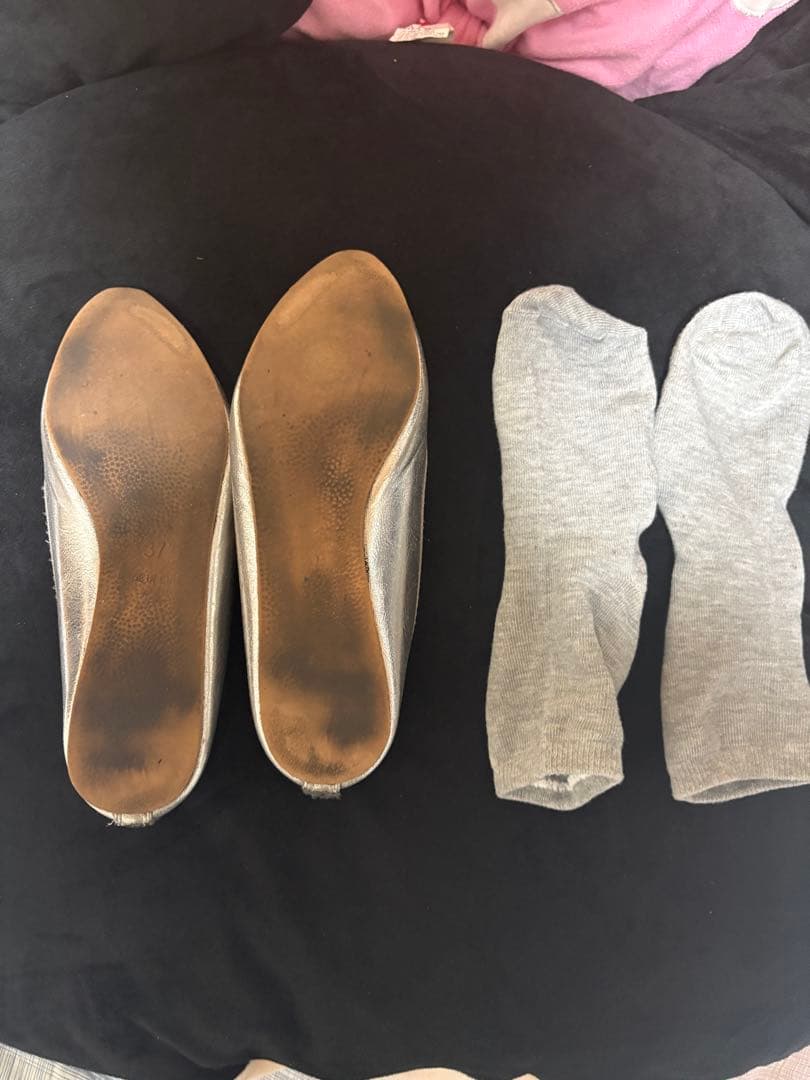 シルバー リボン付きバレエシューズ