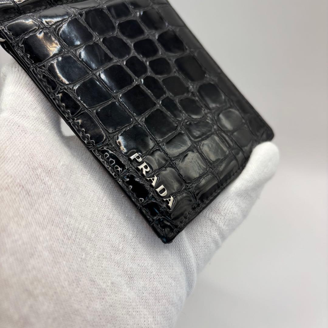 希少品/付属品　PRADA 二つ折り財布　マネークリップ　クロコ　エナメル　黒色