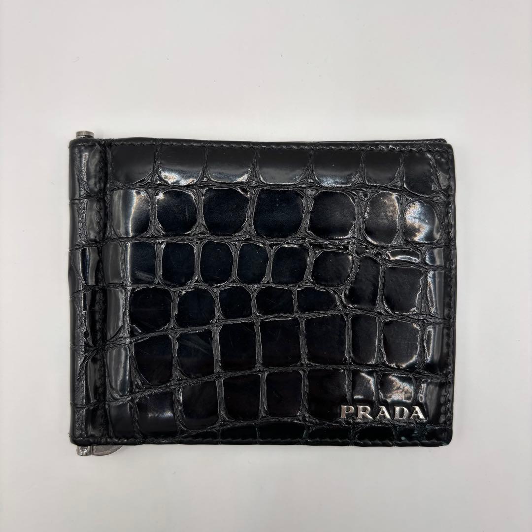 希少品/付属品　PRADA 二つ折り財布　マネークリップ　クロコ　エナメル　黒色