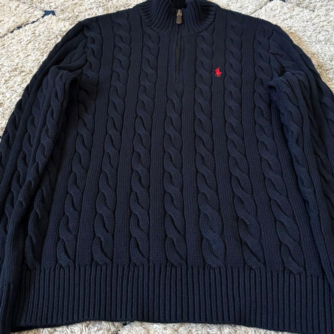 【希少✨】ポロラルフローレン　ケーブルニット　ハーフジップ　紺　大人気　刺繍　S
