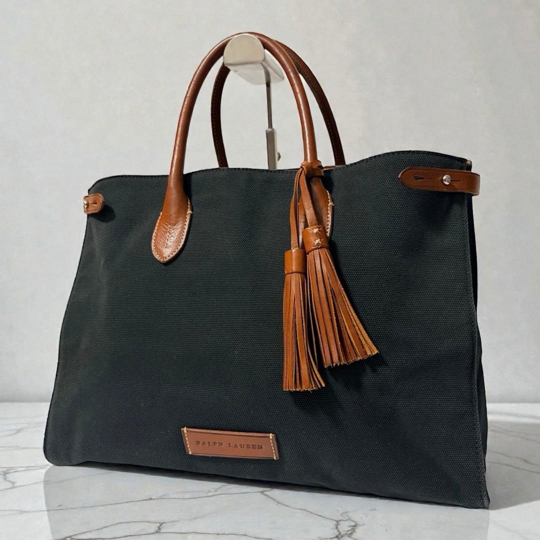 ラルフローレン キャンバス×レザー タッセル トートバッグ ブラック