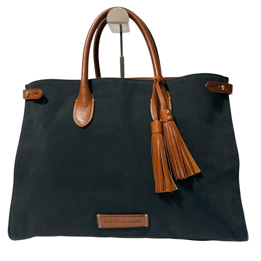ラルフローレン キャンバス×レザー タッセル トートバッグ ブラック